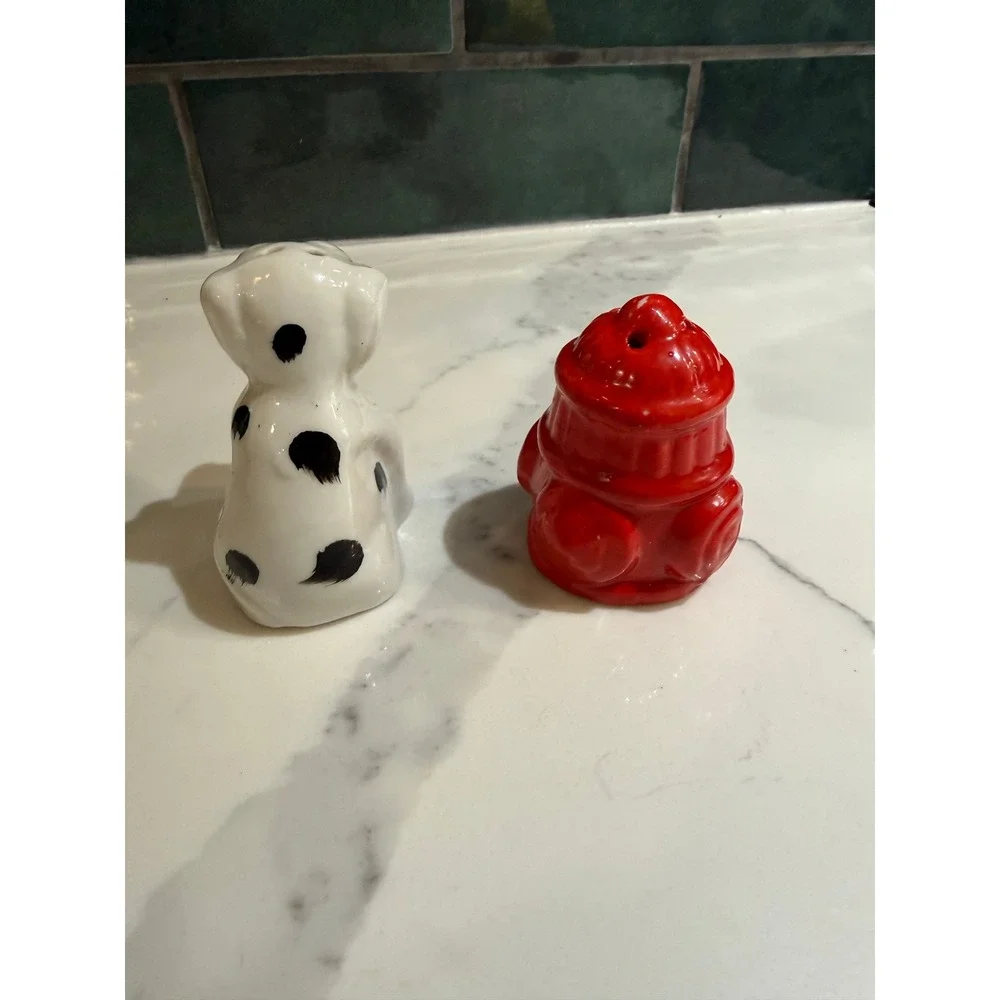 Vintage Dalmatian Dog and Red Fire Hydrant Ceramic Salt and Pepper Shaker Set